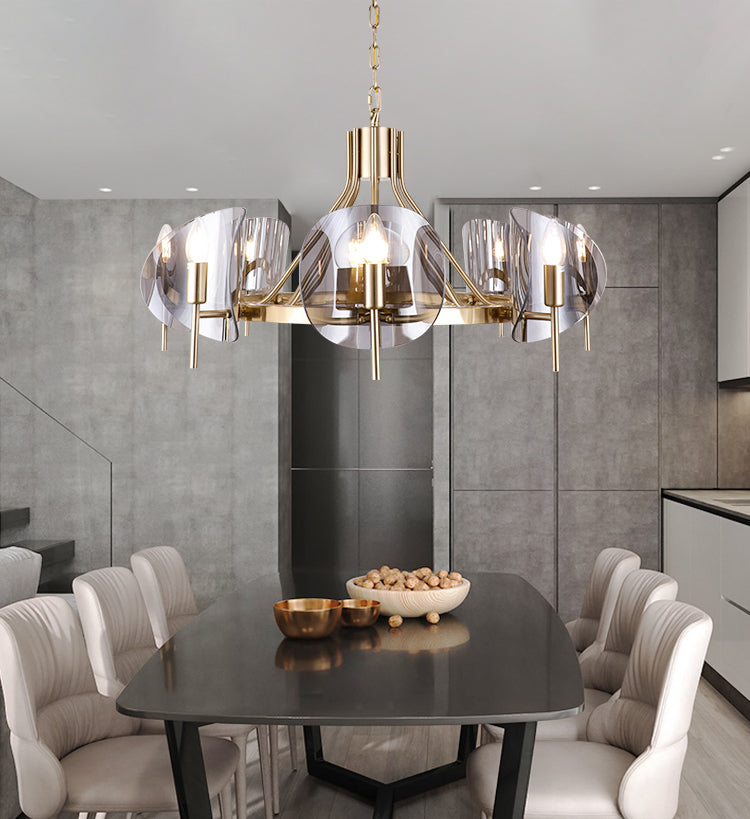 Modern Wagon Wheel Candle Chandelier Light Fixture Clear Glass Shaded Ceiling Chandelier in Gold for Bedroom