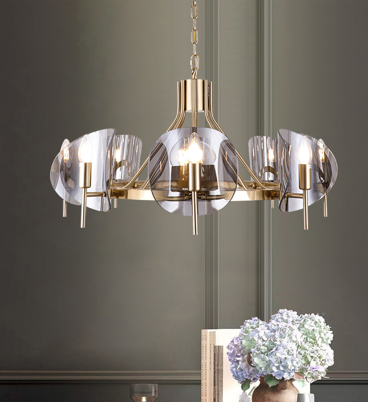 Modern Wagon Wheel Candle Chandelier Light Fixture Clear Glass Shaded Ceiling Chandelier in Gold for Bedroom