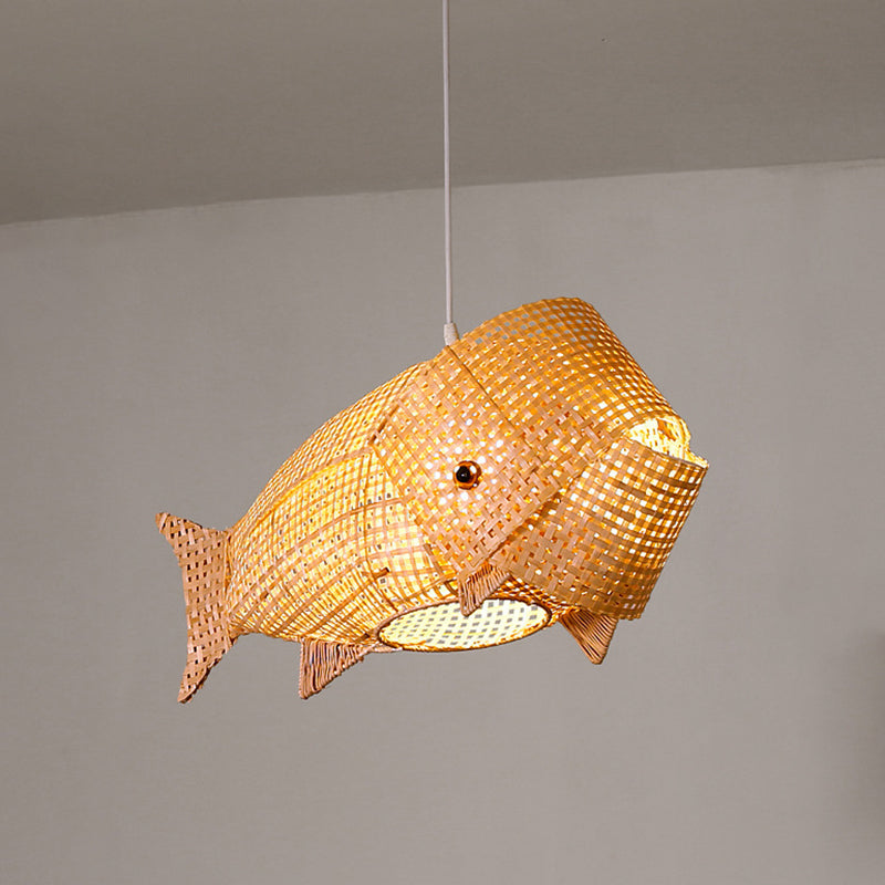 27.5" Wide Japanese Style Carp Hanging Light Bamboo Weaving Creative 1-Light Pendant for Restaurant