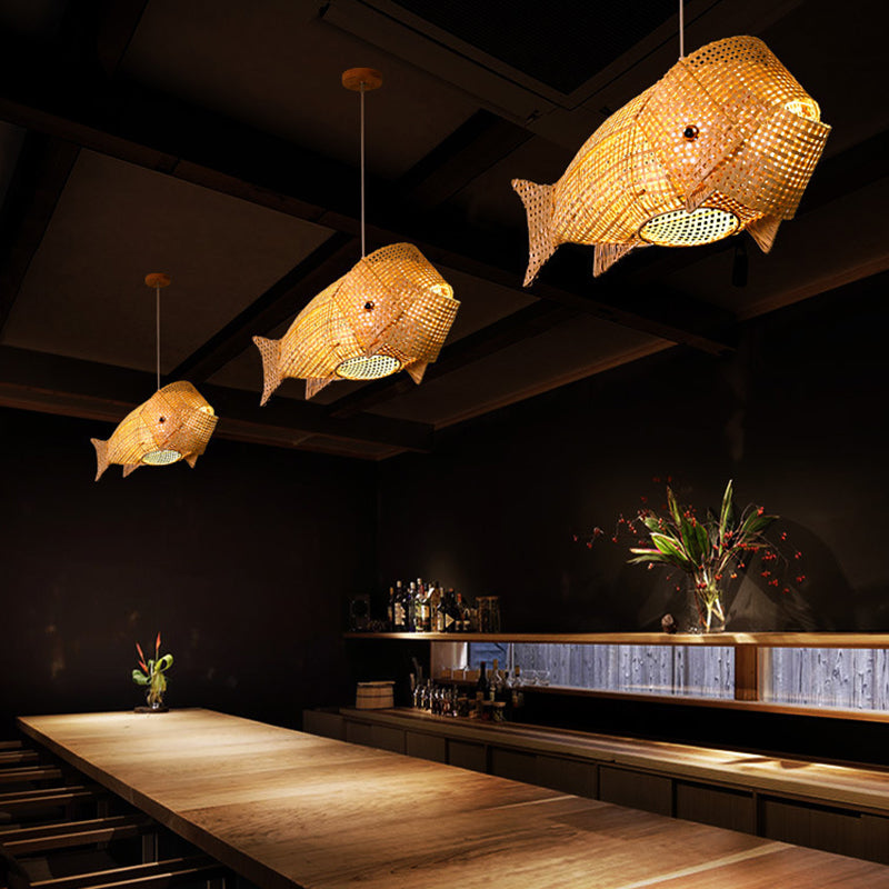 27.5" Wide Japanese Style Carp Hanging Light Bamboo Weaving Creative 1-Light Pendant for Restaurant