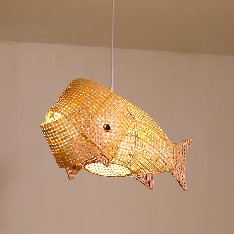 27.5" Wide Japanese Style Carp Hanging Light Bamboo Weaving Creative 1-Light Pendant for Restaurant