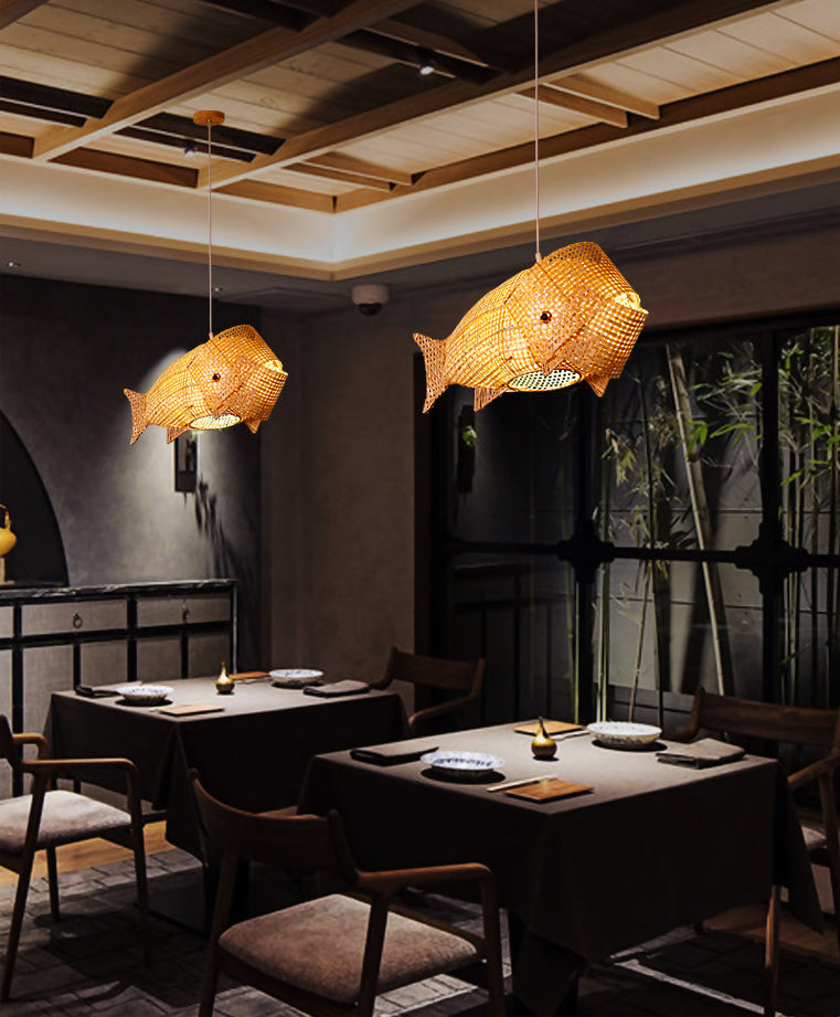 27.5" Wide Japanese Style Carp Hanging Light Bamboo Weaving Creative 1-Light Pendant for Restaurant