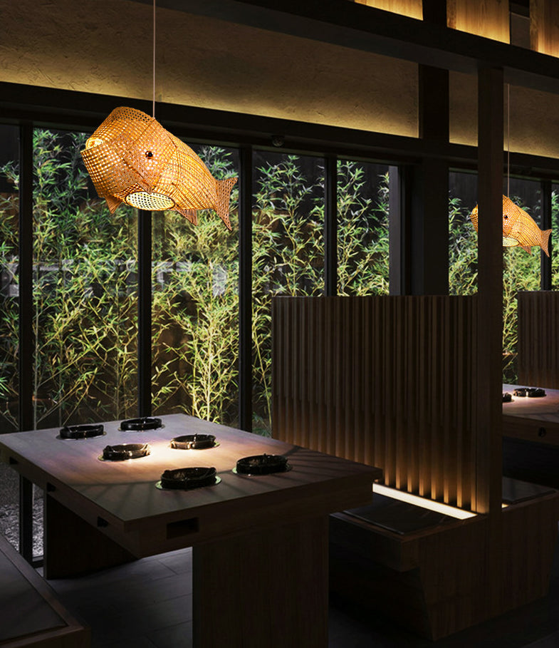27.5" Wide Japanese Style Carp Hanging Light Bamboo Weaving Creative 1-Light Pendant for Restaurant
