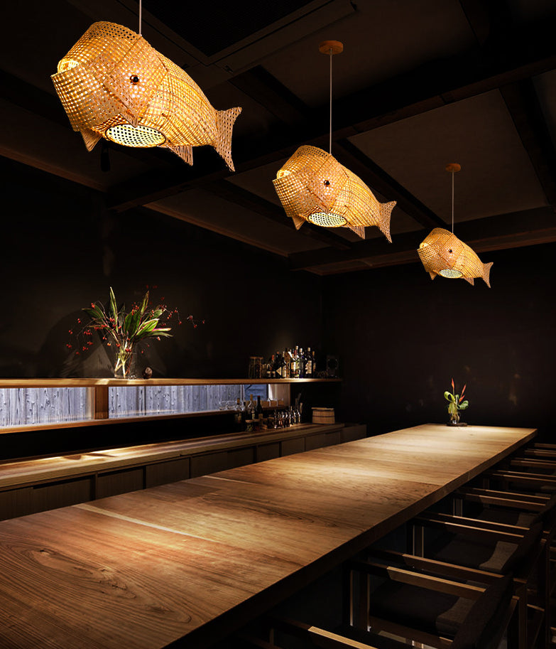 27.5" Wide Japanese Style Carp Hanging Light Bamboo Weaving Creative 1-Light Pendant for Restaurant