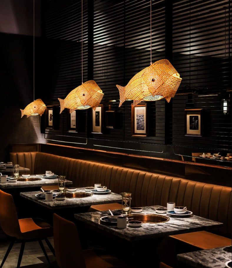 27.5" Wide Japanese Style Carp Hanging Light Bamboo Weaving Creative 1-Light Pendant for Restaurant