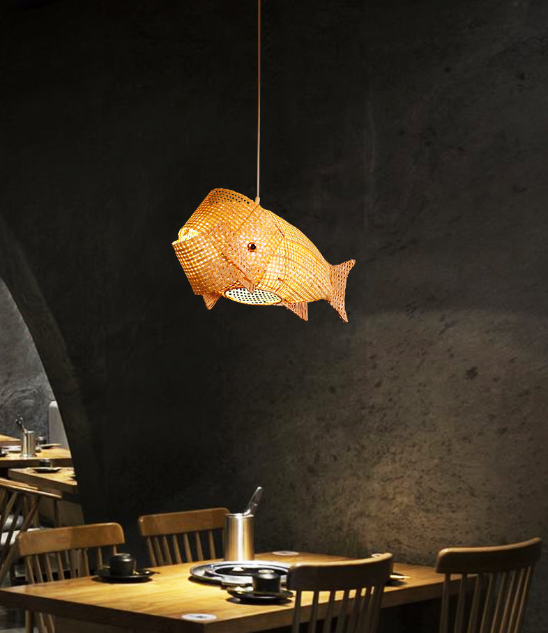 27.5" Wide Japanese Style Carp Hanging Light Bamboo Weaving Creative 1-Light Pendant for Restaurant