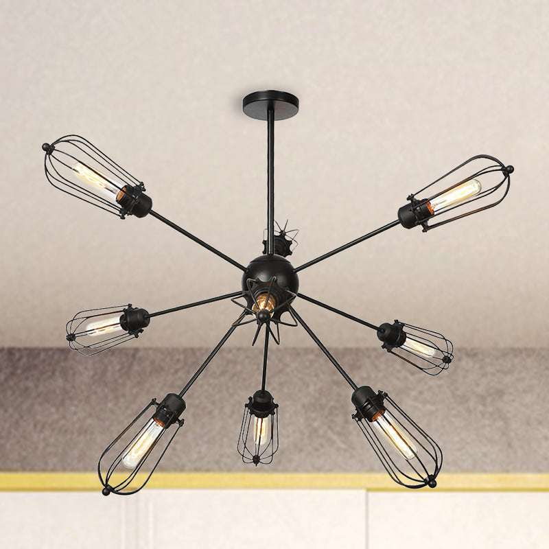 Metal Bulb Cage Chandelier Lighting Fixture Warehouse Style 9/12/15 Heads Black Hanging Lamp for Living Room