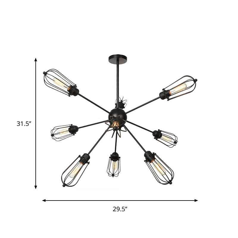 Metal Bulb Cage Chandelier Lighting Fixture Warehouse Style 9/12/15 Heads Black Hanging Lamp for Living Room