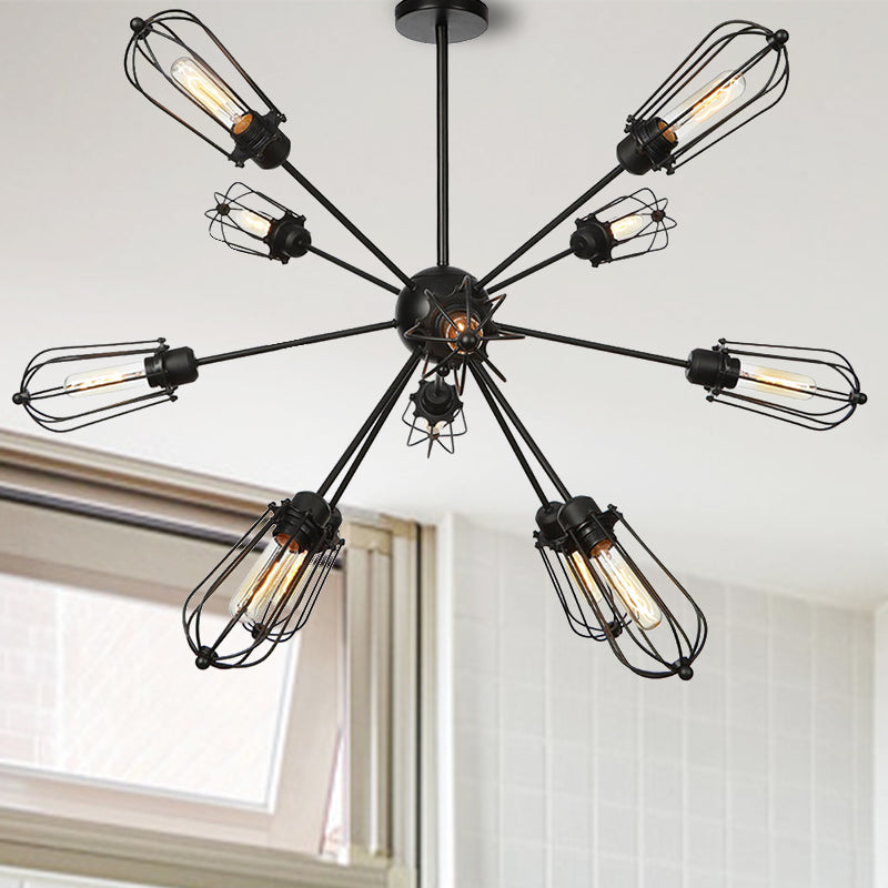 Metal Bulb Cage Chandelier Lighting Fixture Warehouse Style 9/12/15 Heads Black Hanging Lamp for Living Room