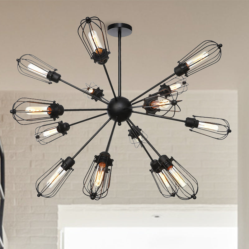 Metal Bulb Cage Chandelier Lighting Fixture Warehouse Style 9/12/15 Heads Black Hanging Lamp for Living Room
