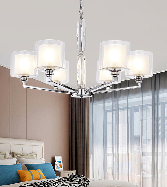 Chrome Metal Radial Pendant Light Modern Cylindrical Clear Glass Shade Bedroom Chandelier Lighting