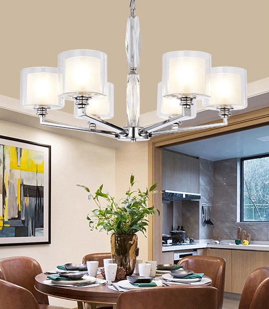 Chrome Metal Radial Pendant Light Modern Cylindrical Clear Glass Shade Bedroom Chandelier Lighting
