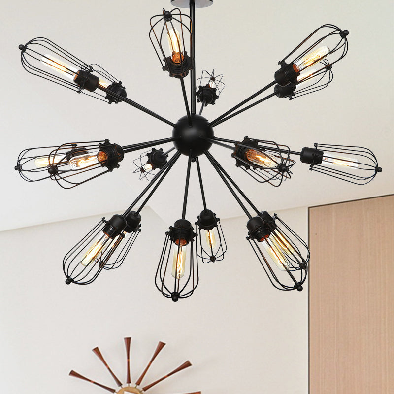 Metal Bulb Cage Chandelier Lighting Fixture Warehouse Style 9/12/15 Heads Black Hanging Lamp for Living Room