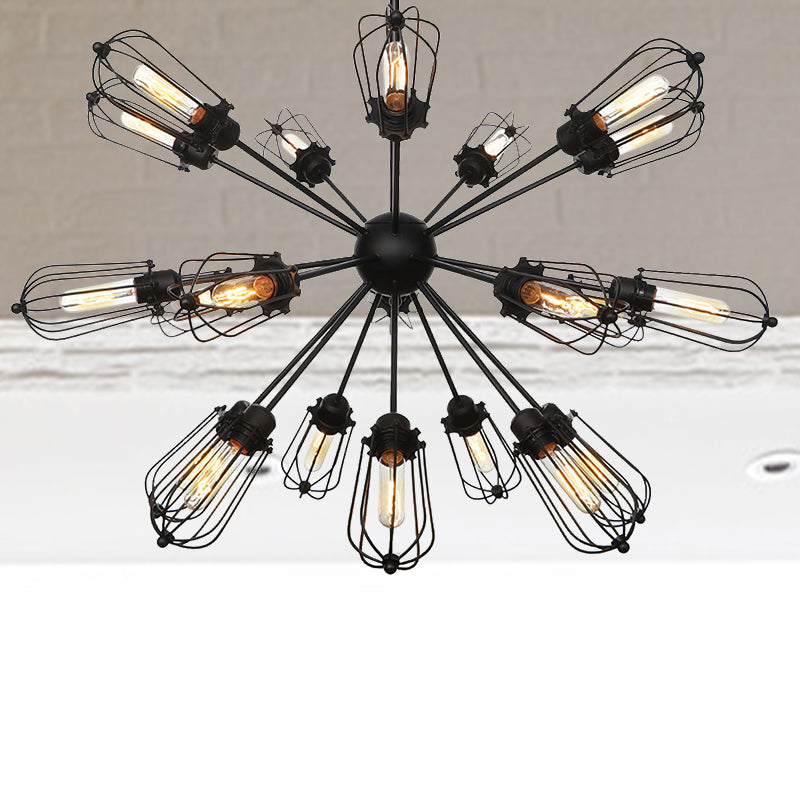Metal Bulb Cage Chandelier Lighting Fixture Warehouse Style 9/12/15 Heads Black Hanging Lamp for Living Room
