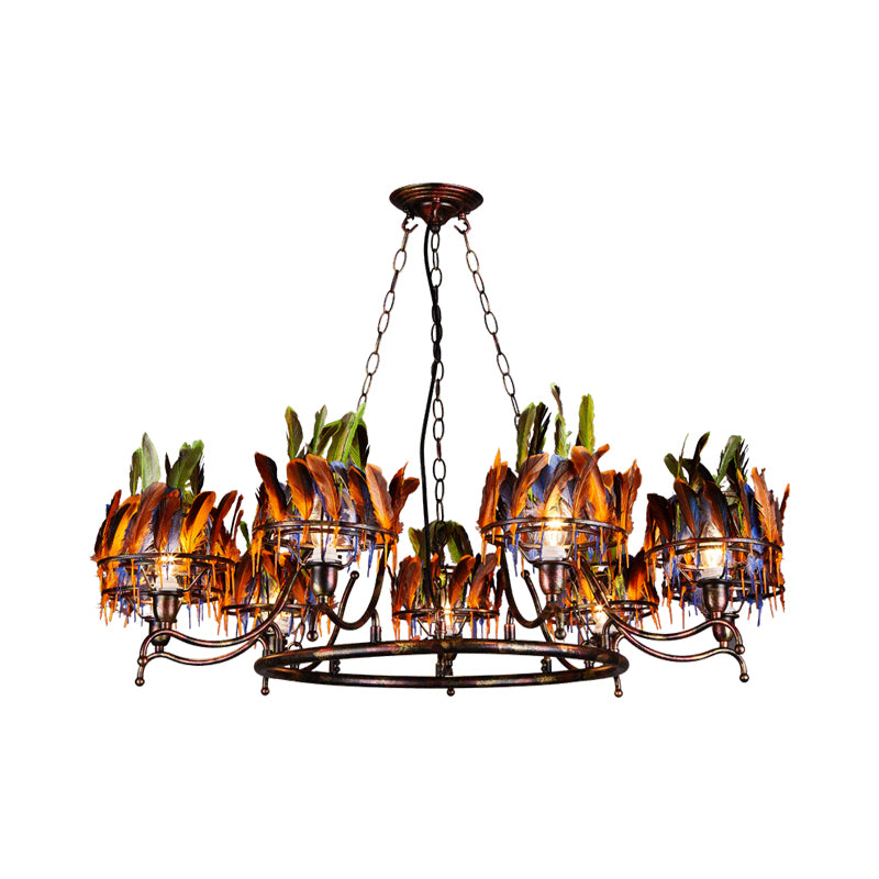 Copper Finish 9-Head Chandelier Lamp Traditional Iron Circular Suspension Pendant with Indian Feather Headwear Element
