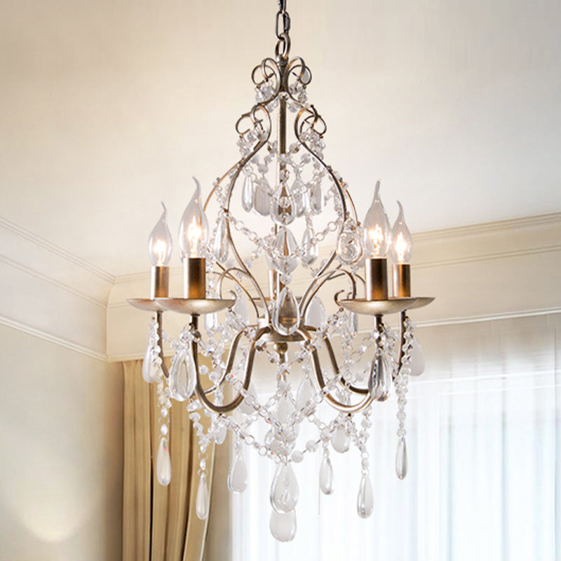 Metal Candle Ceiling Chandelier Tradition 5 Bulbs Hanging Light Kit in Antique Brass with Crystal Teardrop