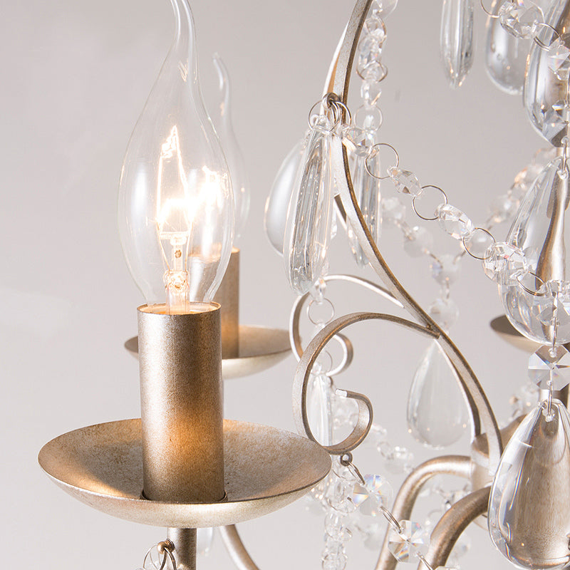 Metal Candle Techo Candelier Tradición 5 Bombullones Kit de luz colgante en latón antiguo con lágrima de cristal