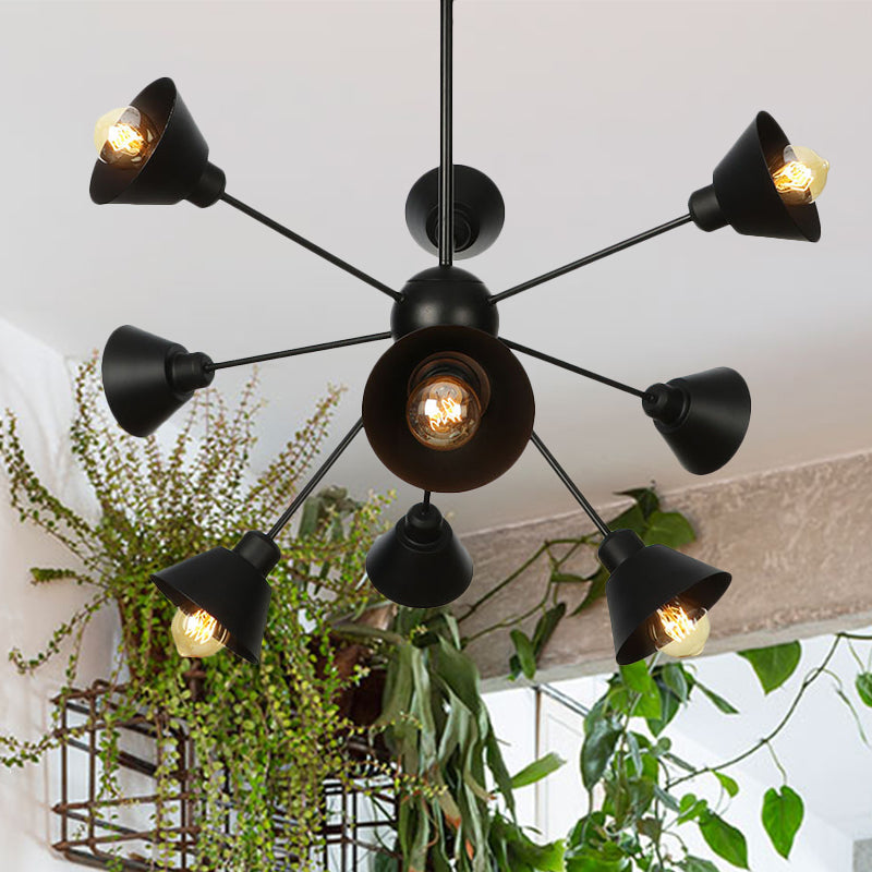Cone Shade Metal Hanging Lamp Industrial Stylish 9/12/15 Lights Black Chandelier Pendant Light with Sputnik Design