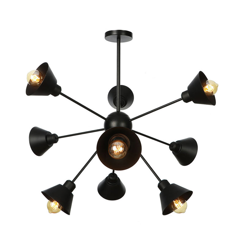 Cone Shade Metal Hanging Lamp Industrial Stylish 9/12/15 Lights Black Chandelier Pendant Light with Sputnik Design