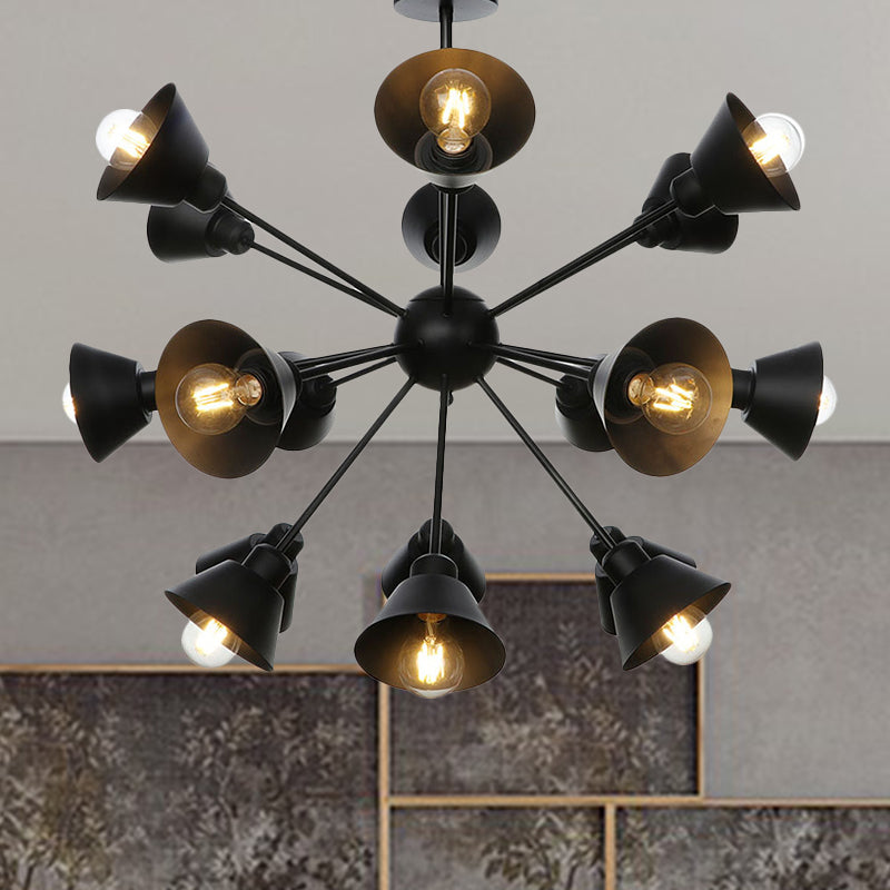Cone Shade Metal Hanging Lamp Industrial Stylish 9/12/15 Lights Black Chandelier Pendant Light with Sputnik Design