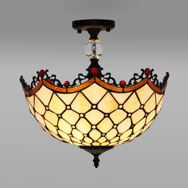 12 "/16" W Scalloped Semi-Flush Light Traditional Tiffany Stained Glass Ceiling Lamp with Leaf / Victorian / Circle Pattern in Bronze for Foyer