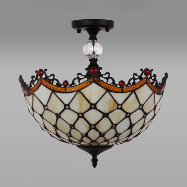 12 "/16" W Scalloped Semi-Flush Light Traditional Tiffany Stained Glass Ceiling Lamp with Leaf / Victorian / Circle Pattern in Bronze for Foyer