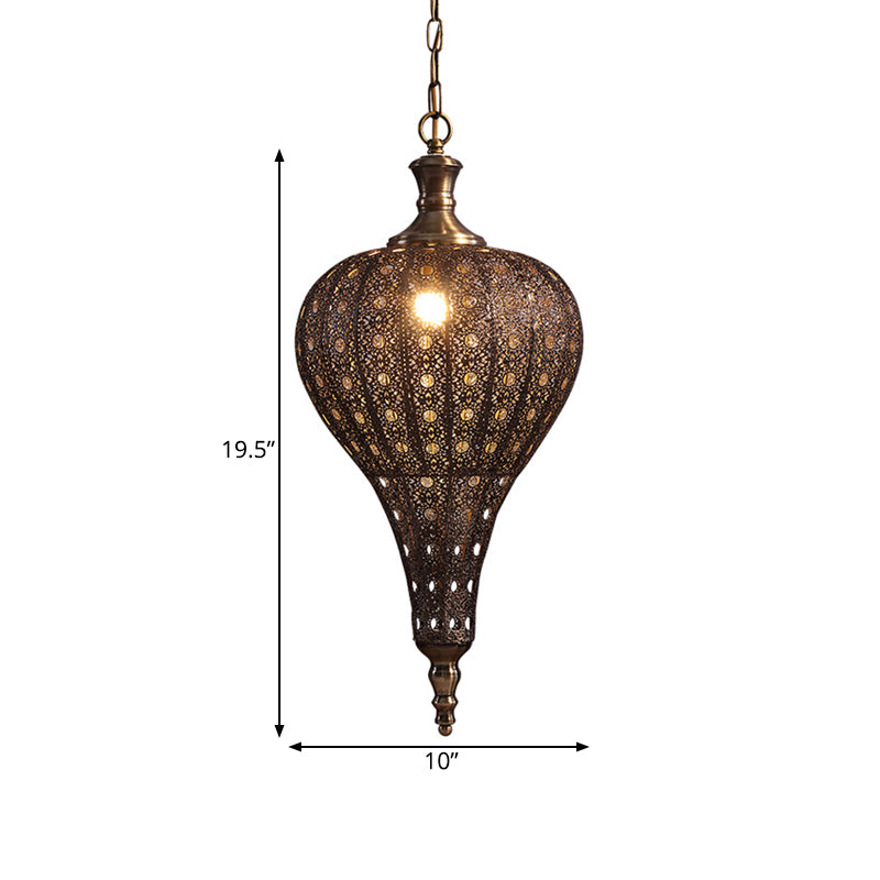 Metallic Teardrop/Lantern Hanging Pendant Retro 1 Light Brass Exquisite Hollowed Ceiling Lamp, 16"/18"/19.5" Wide