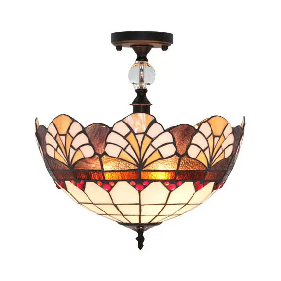 12"/16" W Scalloped Semi Flush Light Traditional Tiffany Stained Glass Ceiling Lamp with Leaf/Victorian/Circle Pattern in Bronze for Foyer