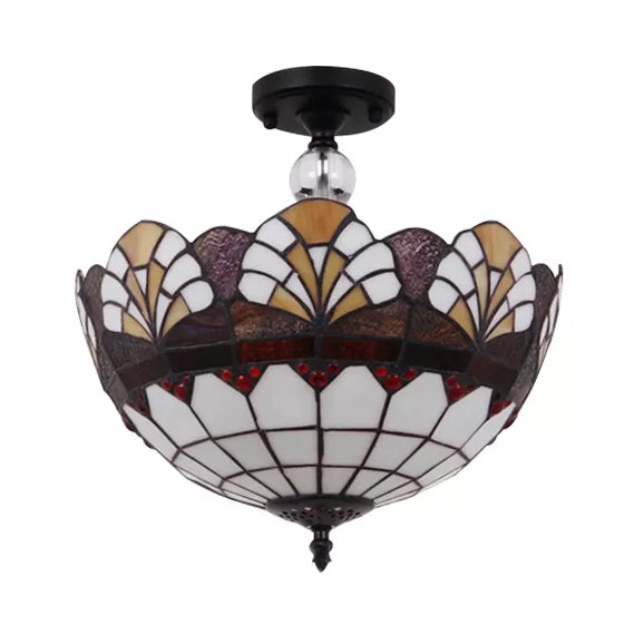 12 "/16" W Scalloped Semi-Flush Light Traditional Tiffany Stained Glass Ceiling Lamp with Leaf / Victorian / Circle Pattern in Bronze for Foyer