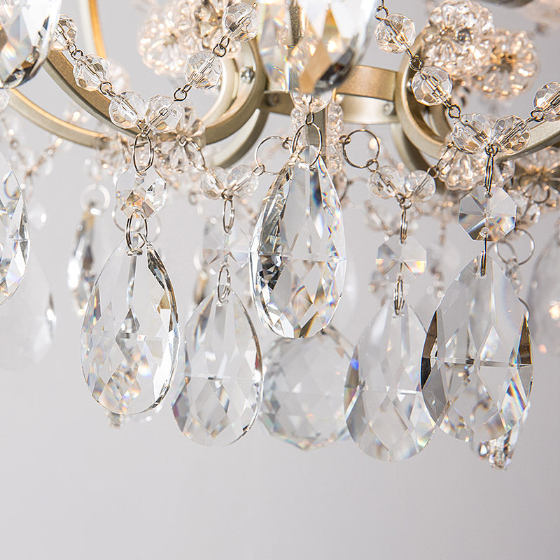 Droplet Semi Flush Traditional Beveled Crystal 4 Bulbs Brass Ceiling Mount Light Fixture