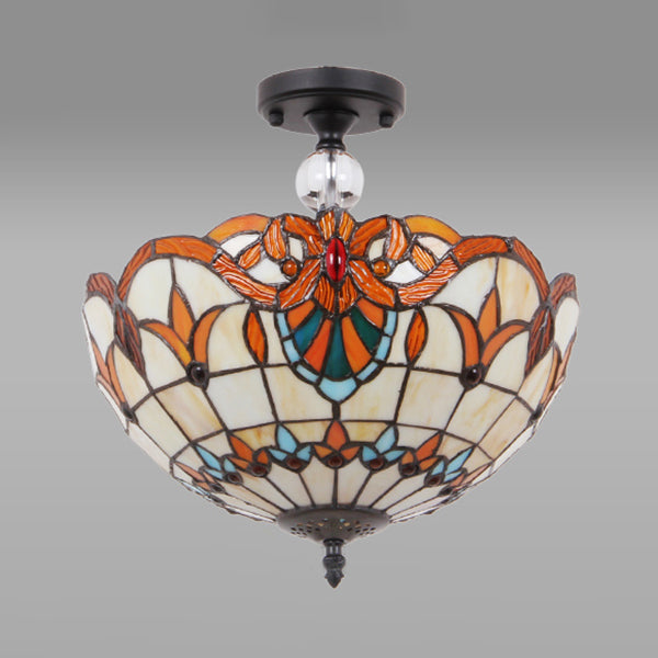 12 "/16" W Scalloped Semi-Flush Light Traditional Tiffany Stained Glass Ceiling Lamp with Leaf / Victorian / Circle Pattern in Bronze for Foyer