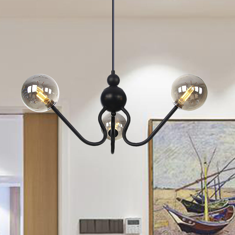 Industrial 3 Heads Hanging Chandelier Lamp with Amber/Clear Glass Shade Black/Chrome Finish Orbit Ceiling Lighting