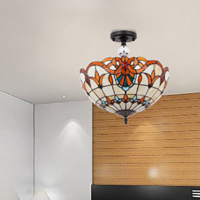 12 "/16" W Scalloped Semi-Flush Light Traditional Tiffany Stained Glass Ceiling Lamp with Leaf / Victorian / Circle Pattern in Bronze for Foyer