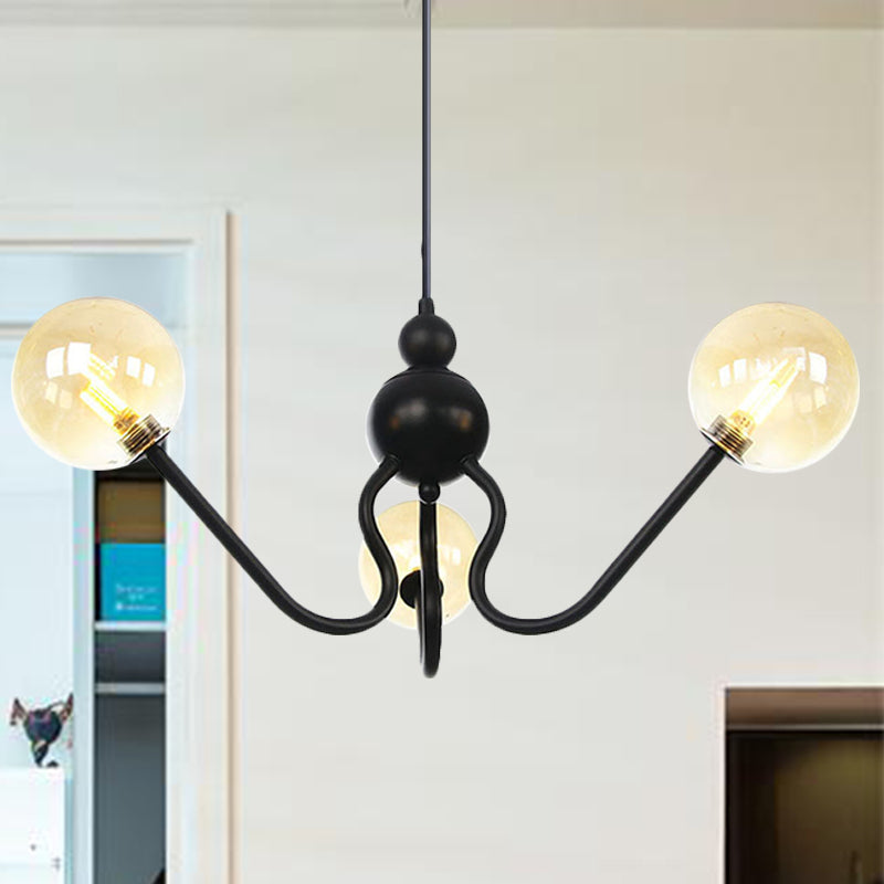 Industrial 3 Heads Hanging Chandelier Lamp with Amber/Clear Glass Shade Black/Chrome Finish Orbit Ceiling Lighting