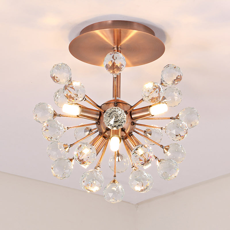 Modernist Globe Semi-Flush Mount Faceted Crystal 6 Bulbs Ceiling Light Fixture in Brass