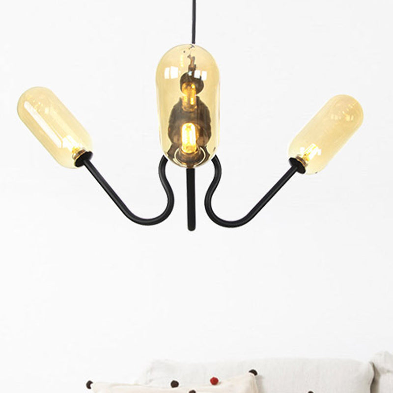 Iluminación de araña ovalada vintage ámbar/vidrio transparente 3 cabezas lámpara de techo de sala de estar con cable ajustable en negro/cromo
