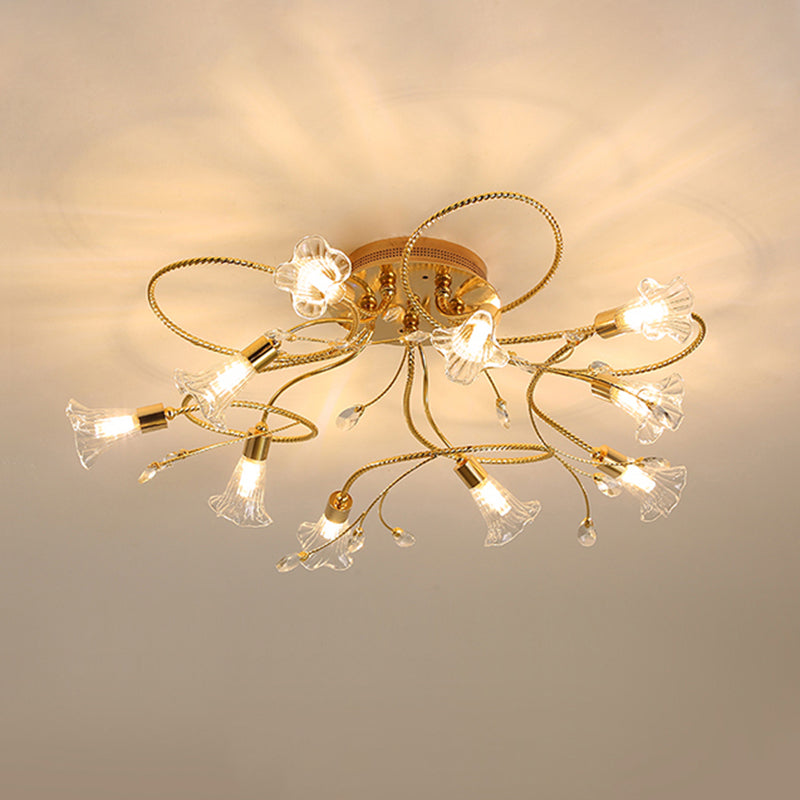 Crystal Floral Semi Flush Mount moderne 10/15 têtes près de l'éclairage de plafond en or pour le salon