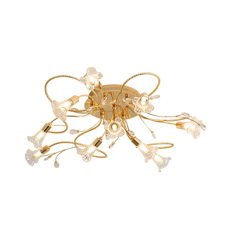 Crystal Floral Semi Flush Mount moderne 10/15 têtes près de l'éclairage de plafond en or pour le salon