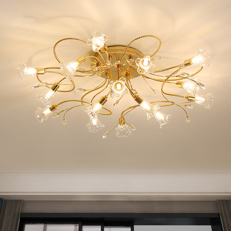 Crystal Floral Semi Flush Mount moderne 10/15 têtes près de l'éclairage de plafond en or pour le salon