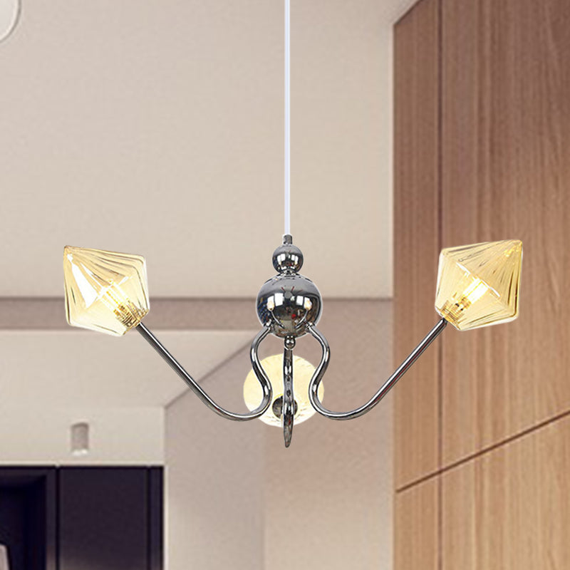 Ferme d'éclairage pendentif en forme de diamant Ambre / verre transparent 3 lumières Restaurant lampe de lustre en noir / chrome