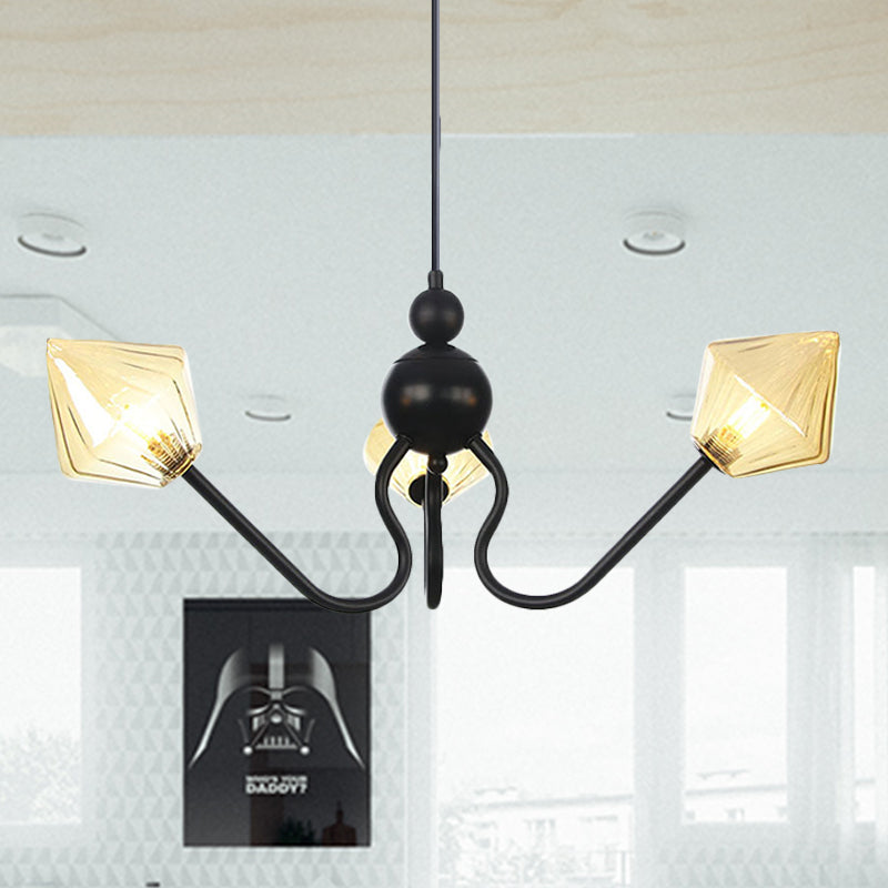 Ferme d'éclairage pendentif en forme de diamant Ambre / verre transparent 3 lumières Restaurant lampe de lustre en noir / chrome