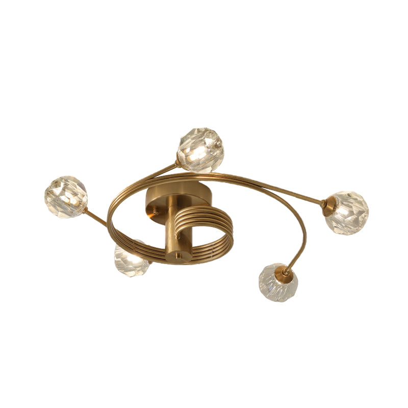 Montaje semi-semi-flush tradicional cortado cristal 5 cabezas lámpara de montaje de techo dorado con brazo de metal curvo