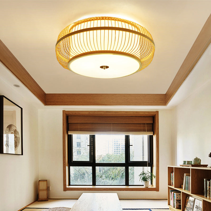 Curved Drum Flush Mount Ceiling Light Japanese Rattan Ceiling Light Fixtures for Bedroom