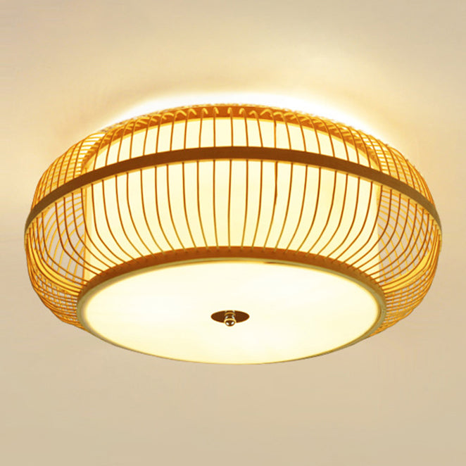 Curved Drum Flush Mount Ceiling Light Japanese Rattan Ceiling Light Fixtures for Bedroom