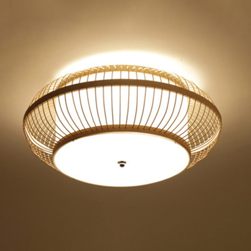 Curved Drum Flush Mount Ceiling Light Japanese Rattan Ceiling Light Fixtures for Bedroom