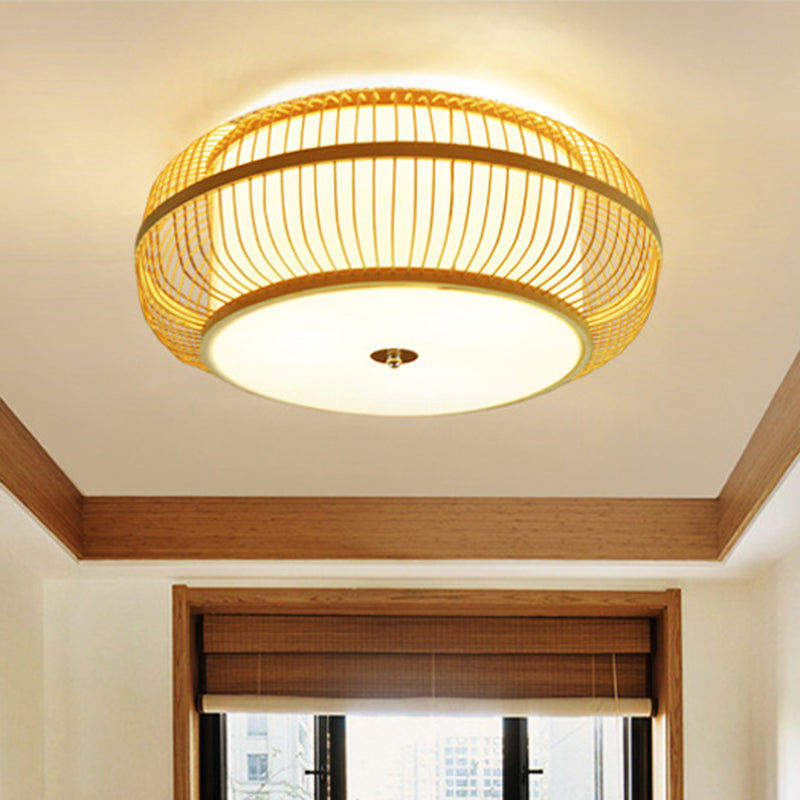 Curved Drum Flush Mount Ceiling Light Japanese Rattan Ceiling Light Fixtures for Bedroom