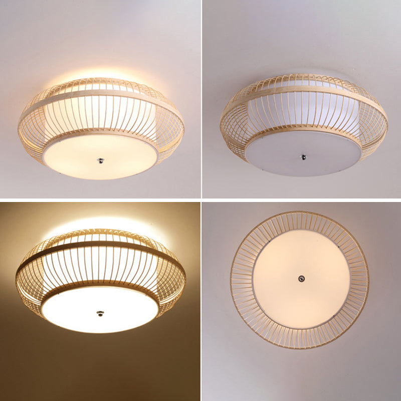 Curved Drum Flush Mount Ceiling Light Japanese Rattan Ceiling Light Fixtures for Bedroom