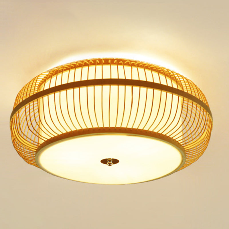 Curved Drum Flush Mount Ceiling Light Japanese Rattan Ceiling Light Fixtures for Bedroom