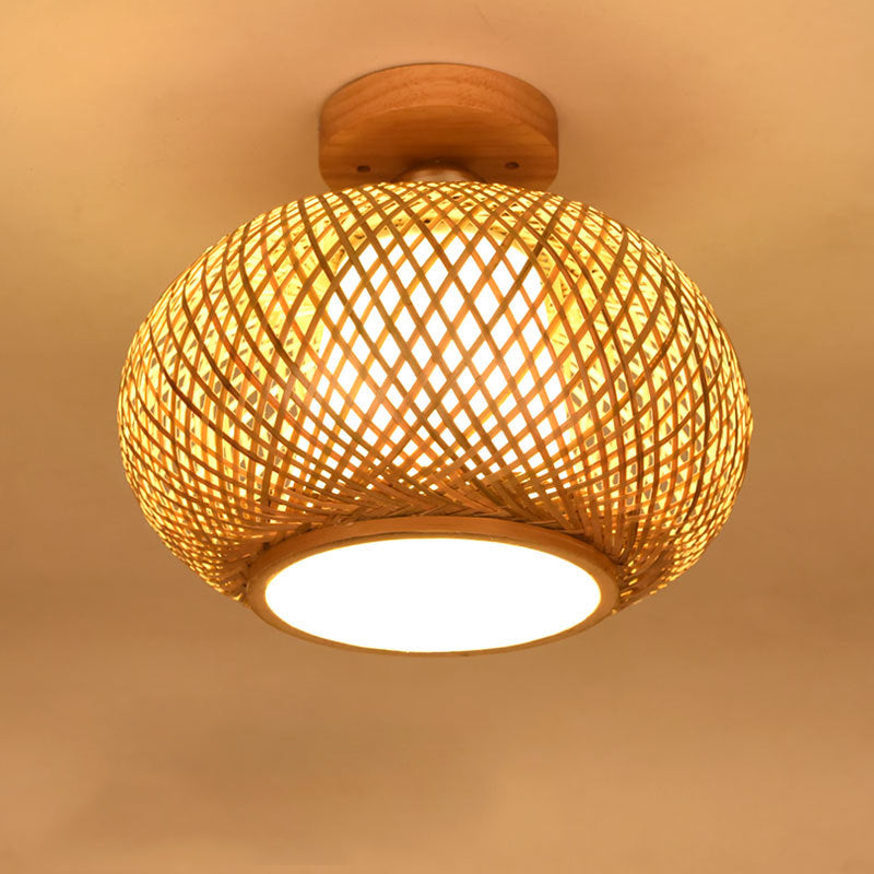 Asian Style Handmade Bamboo Weaving Ceiling Light 1 Head Wooden Ceiling Lamp for Restaurant