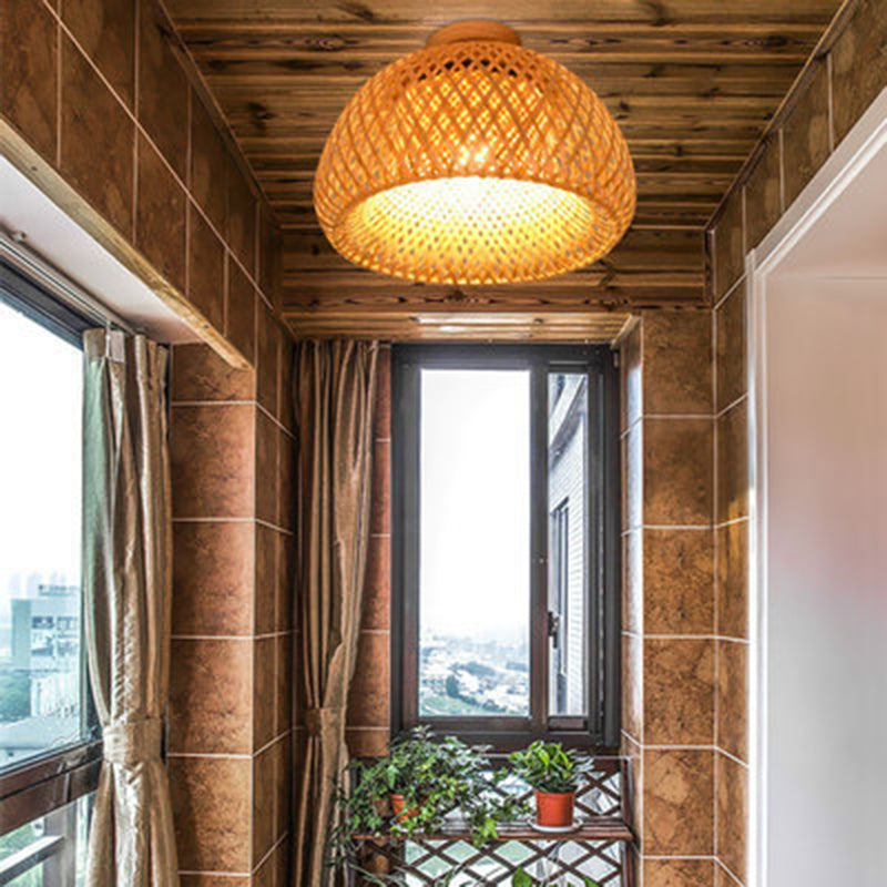 Asian Style Handmade Bamboo Weaving Ceiling Light 1 Head Wooden Ceiling Lamp for Restaurant